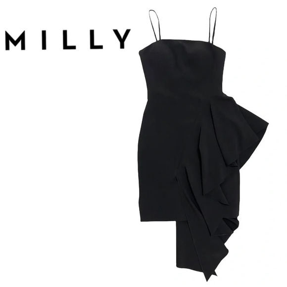 Milly Asymmetrical Ruffle Spaghetti Strap Black Dress Stretch Cocktail Size 0 - Picture 2 of 12